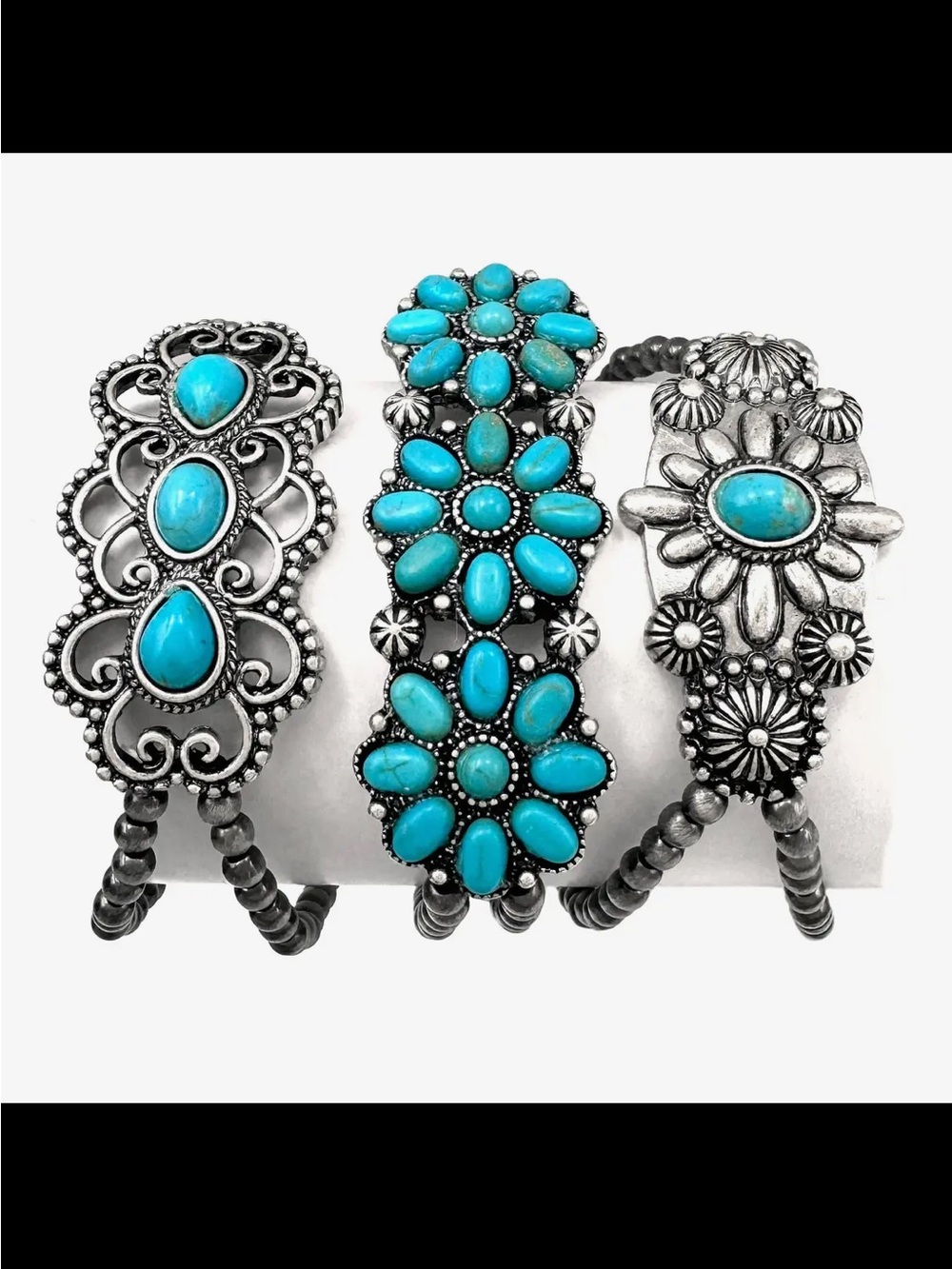 Turquoise Floral Silver Stretch Bracelet - Women Jewelry